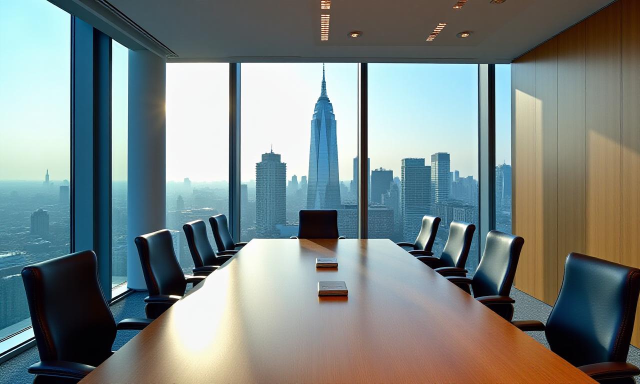 A high-end London boardroom with a panoramic view of the financial district